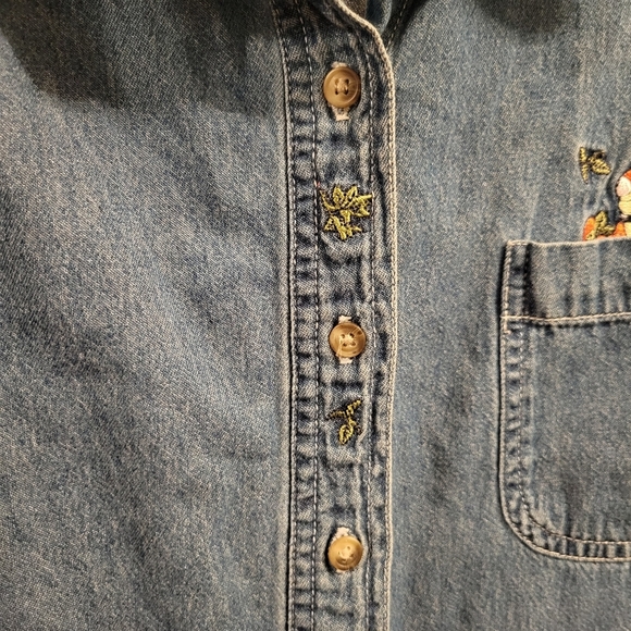 Disney Winnie the Pooh Long Sleeve Denim Button Up Shirt with Corduroy Collar - Picture 2 of 8